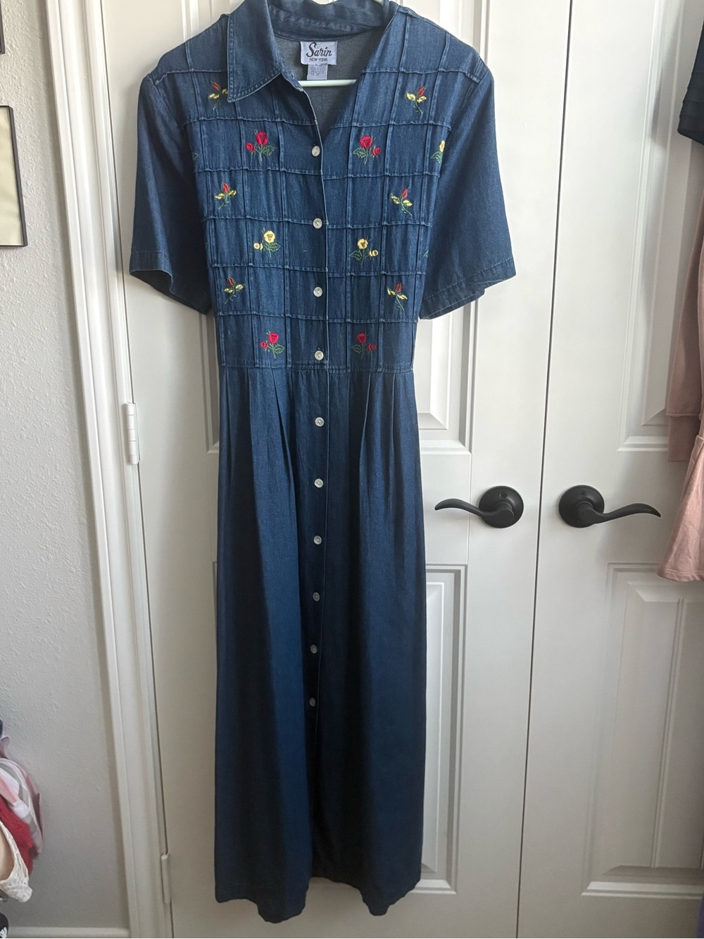 Vintage Sarin Embroidered Button-Front Denim Midi Dress - Blue - Picture 2 of 5